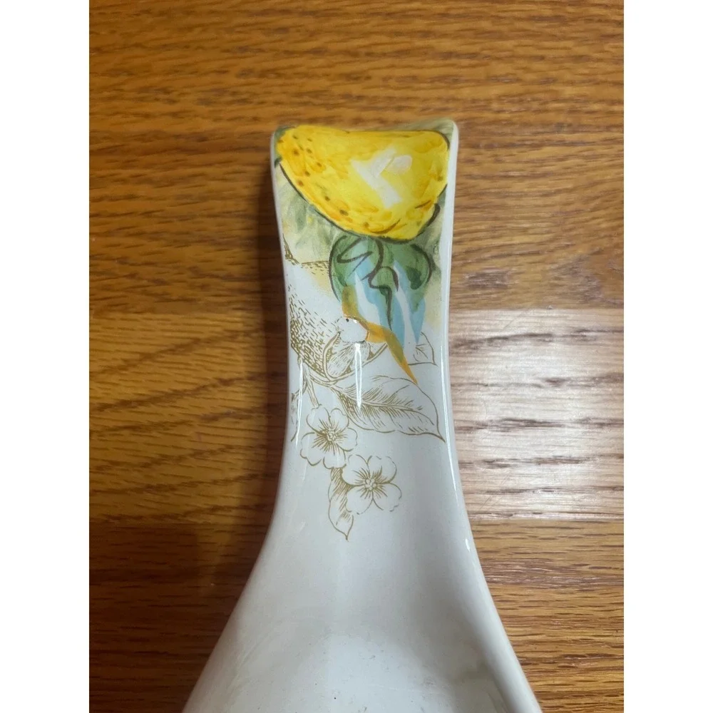 Maxcera Handcrafted Ceramic Spoon Rest Sketch Lemon Floral White Yellow